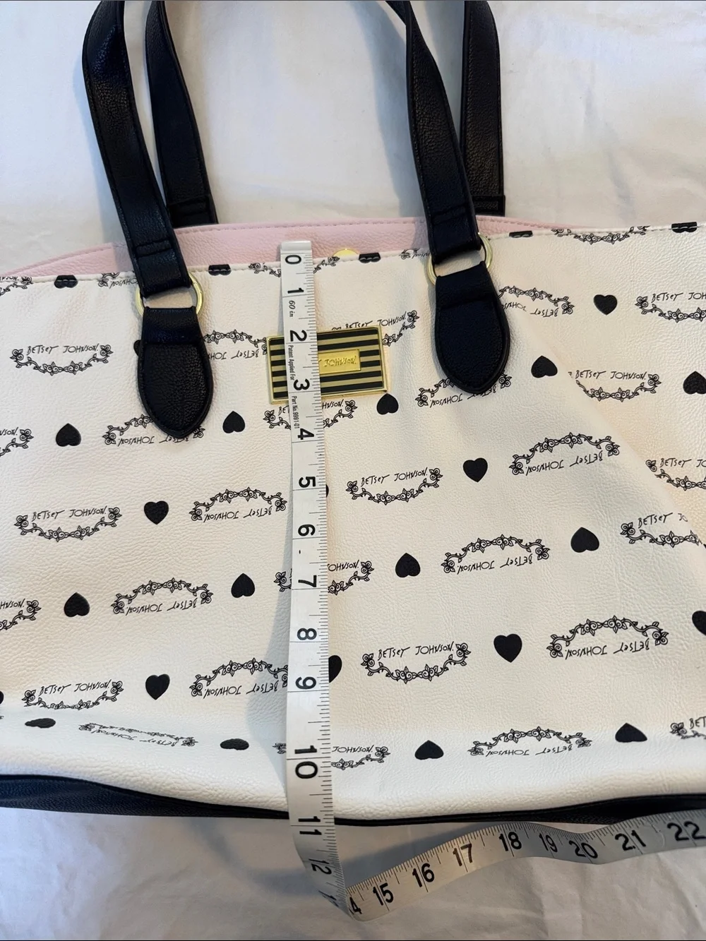 Betsey Johnson Cream and Black Logo Heart Tote with Floral Rose Interior - Picture 4 of 8